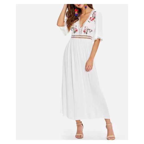 MBM Unlimited Dresses & Skirts - White V Neck Floral Embroidered Maxi Dress
